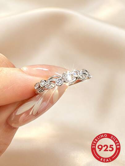 1 Peça Anel de Prata Esterlina S925 com Zircônia Cintilante Incrustada, Padrão Floral Delicado e Oco, Empilhável, Elegante, Joia de Qualidade para Uso Diário de Mulheres