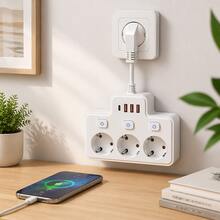 歐標壁掛式電源插座，3個AC插孔、3個USB接口與1個Type C接口，2500W，開關控制，黑色/白色，短線柔性設計，防彎折，適用於各種複雜狹小環境，單大間距防止纏繞 - 查看 1