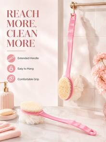 1pc Pink Long Handle Bath Brush, Double-Sided Bristles For Back Exfoliation And Shower Cleansing, Multi-Functional Loofah Brush, Home Bathroom Decor - Multicolor - View 16