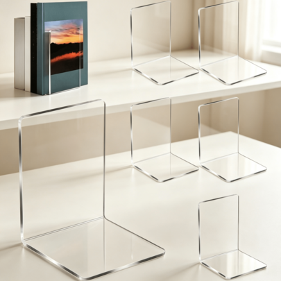 Six pièces de support de livre transparentes, dimensions 13 par 10 par 10 cm. Séparateurs de table transparents pour ranger les articles de lecture empilés dans les zones d'étude, résidentielles, de bureau et de bibliothèque.