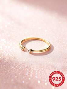 1pc S925 Sterling Silver Minimalist Plain Band Open Ring With Rhinestones, Korean Ins Cold Style, Fashionable Unique Niche Design, Adjustable Line Joint Ring, Sweet Fresh Versatile Elegant, Stackable Delicate Small Index Finger Ring, Pinky Ring - Diamond - View 2