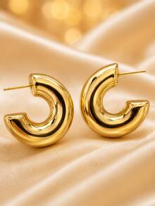 1pc Thick Glossy C-Shaped Chunky Hoop Stud Earrings For Women, Minimalist Elegant Versatile Metal Ear Jewelry For Daily Office Commute - Earrings - View 3