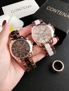 Damen-Quarzuhr, modische Drei-Zeiger-Analog-Quarzuhr, roségoldenes Stahlarmband mit rotem Zifferblatt, elegante lässige Damenuhr, luxuriöse Uhr für den täglichen Gebrauch, Geburtstags- und Feiertagsgeschenk - Roségold - Übersicht 3