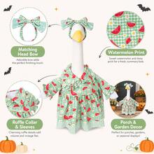 1pc Watermelon Print Porch Goose Outfit, Green Plaid Ruffle Dress With Matching Bow Headpiece, Cute Seasonal Goose Costume, Suitable For Porch Garden Party Decoration, Goose Not Included - Green Plaid Watermelon Goose Outfit - View 4