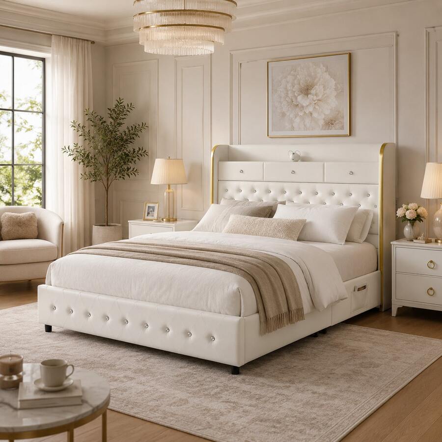 SIBEDS LED Bed Frame With Galaxy Aurora Star Projector & Charging Station, Full Queen King Size Upholstered Storage Platform Bed With 2 Removable Drawers, 52" Crystal Tufted Headboard, Noise-Free, No Box Spring Required, PU White - 聚氨酯白 - 查看 1