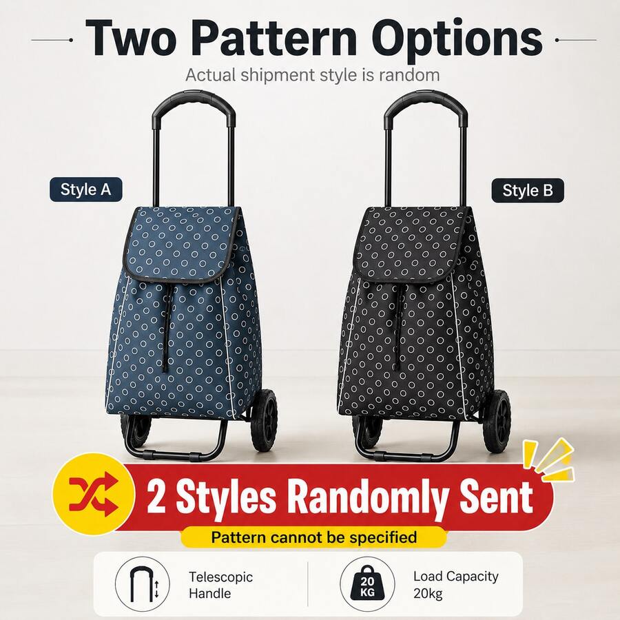 Portable Two-Wheel Shopping Trolley With Patterned Storage Bag, Random Colour - View 1