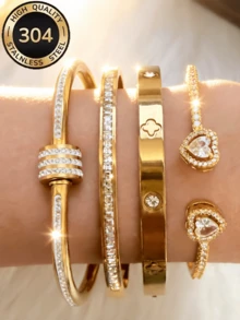 ZCNC Znice 18K Gold Plated Stainless Steel 304 Stainless Steel + Copper, Rhinestone Lucky Four-Leaf Clover And Multiple Sparkling Full Rhinestone Stackable Bracelet Set, Luxury Mother's Day Vacation Daily Gathering Jewelry - Gold - View 3