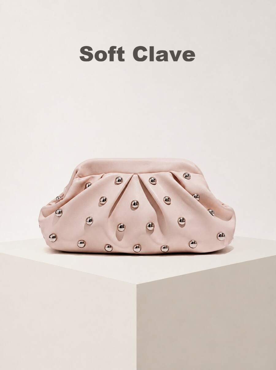 Vintage-Style Pleated Clutch With Rivet Decoration, Ruffled, Cloud-Patterned Beach Bag For Women, Fashionable Clutch Handbag With Chain Strap - 粉色 - 查看 1