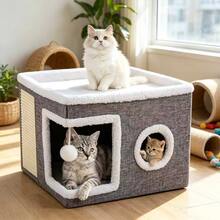Large Cat Cave Bed With Scratching Board And Fluffy Ball Foldable Cat Cozy House 41X41X32CM - Grey - View 2