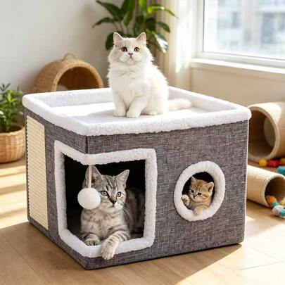 Large Cat Cave Bed With Scratching Board And Fluffy Ball Foldable Cat Cozy House 41X41X32CM