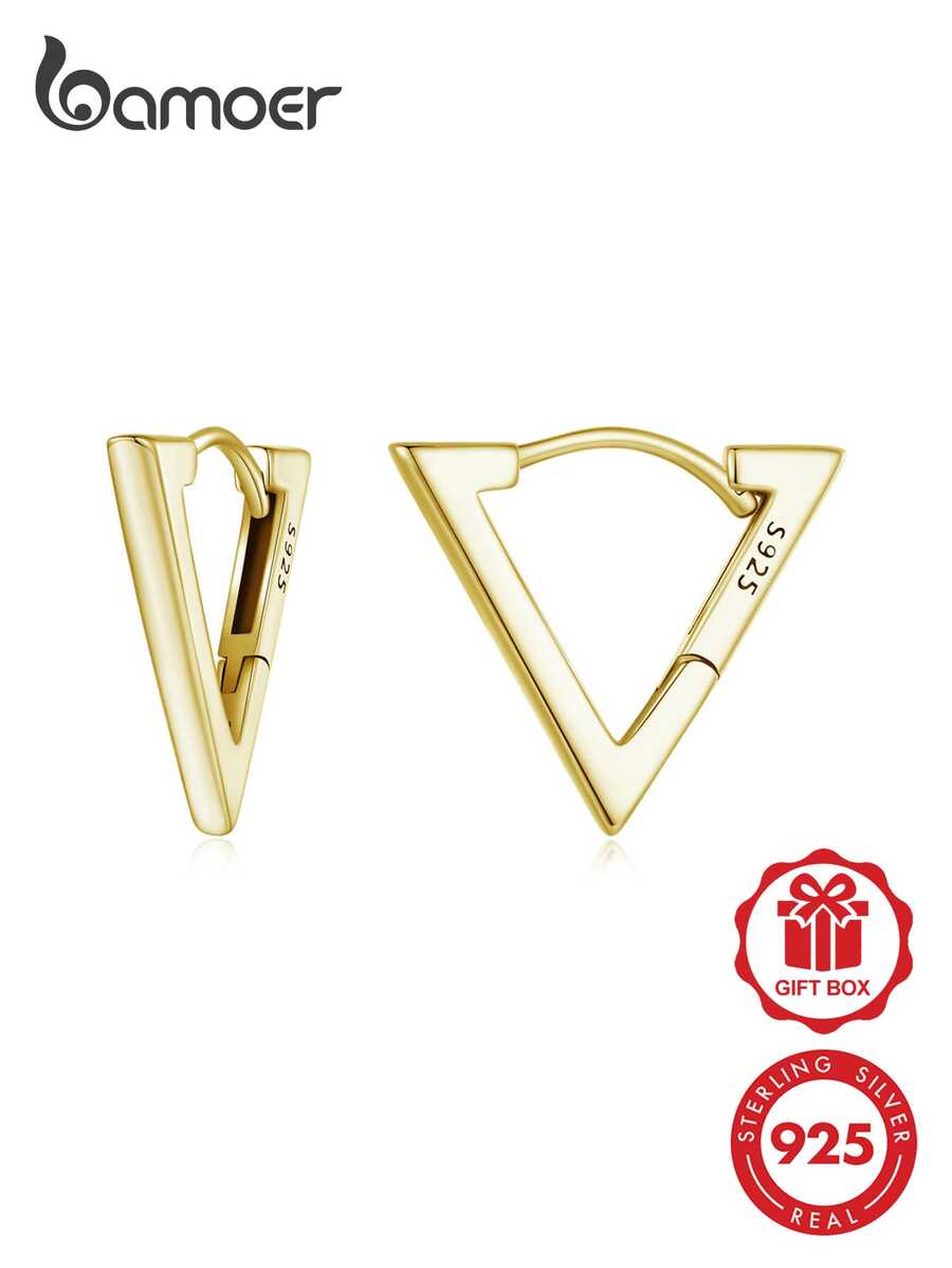 BAMOER 925 純銀小三角形耳環 幾何圓形耳環 低過敏耳環 適合女性與女孩 - 金黃色 - 查看 1
