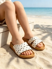 1 Pair Unisex Kids Style Flat Slide Sandals, Cute Polka Dot Soft Sole Casual Shoes Comfort Versatile For Beach Outdoor Summer Wear - Beige - View 4