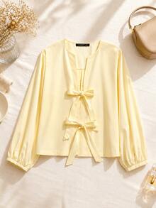 Women's Solid Color Bow Tie Long Sleeve Blouse, Suitable For Spring And Autumn - Yellow - View 1