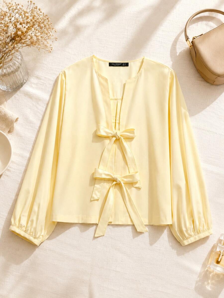Women's Solid Color Bow Tie Long Sleeve Blouse, Suitable For Spring And Autumn - Yellow - View 1