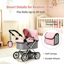 Adjustable Height Baby Stroller In Grey/Pink For Dolls, Suitable Reborn Baby Dolls Height 20 Inches And Below, Baby Doll Pram With A Built-In Shopping Basket, With Shoulder Bag, Gift For Kids 3+ - Multicolor - View 6