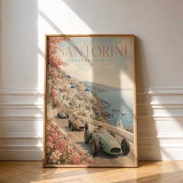 1pc Vintage Santorini Aegean Classic Poster, Retro Greek Island Racing Car Coastal Landscape Wall Art Print, Unframed Matte Paper Poster For Bedroom Living Room Decor