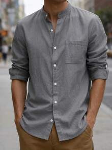 Men's Grey Linen Blend Shirt, Chinese Collar, Front Button Closure, Chest Pocket, Casual Long Sleeve, Summer Beach Top - Grey - View 3