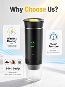 15Bar Portable Espresso Machine, 3-In-1 Rechargeable Capsule And Coffee Powder Coffee Maker, Self-Heating Cold And Hot Extraction, Suitable For Travel, Car, Office And Camping - Black - View 5