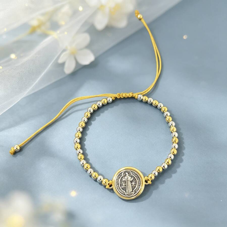 1pc St. Benedict Pendant Adjustable Beaded Bracelet, Women's Hand Jewelry, Suitable For Daily Casual Wear, Vacation And Gift Giving - Multicolor - View 1