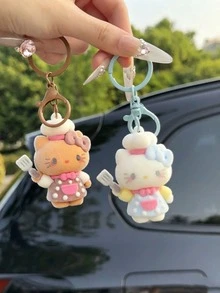 Sanrio 可愛 Hello Kitty 主廚植絨鑰匙圈吊飾，3D 卡通 KT Cat 可愛掛飾，適合包包、車鑰匙，女孩禮物 - 彩色 - 查看 2