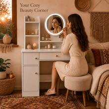 Vanity Desk With Round Mirror, Drawer & Storage Cabinet, Vanity Table With LED Lighted Mirror,Small Space Makeup Table For Bedroom, Mother's Day Gift For Women,The Perfect Gift For Your Girlfriend - White - View 6