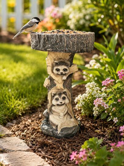 1pc Raccoon Resin Bird Feeder, Tree Stump Bird Feeding Tray, Cute Animal Garden Statue, Outdoor Yard Decor, Decorative Bird Bath Bowl For Patio, Lawn, Balcony, Backyard, Wild Bird Feeder Station, Bird Lover Gift, Garden Gift, Outdoor Home Decor
