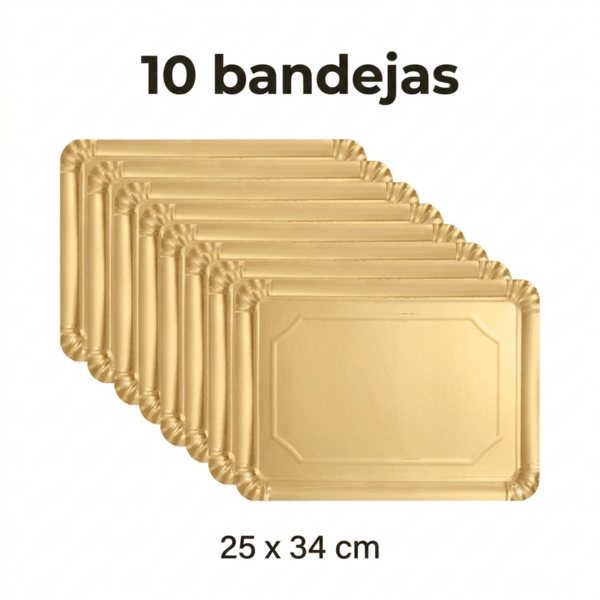 Pack de 10 Bandejas Rectangulares de Cartón Doradas Desechables para Cumpleaños, Bodas, Baby Shower, Bautizos, Navidad y Fiestas, 25 * 34 cm