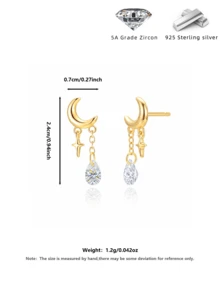 S925 Sterling Silver Moon Star Teardrop Zirconia Drop Earrings, 18K Gold Plated Tassel Jewelry With Gift Box For Women - Gold - View 6