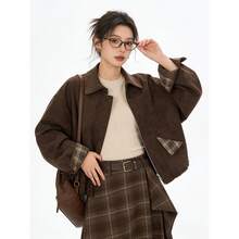 Korean Style Vintage Short Zip-Up Jacket, Casual Office Daily Wear, Winter - Coffee Brown - View 3