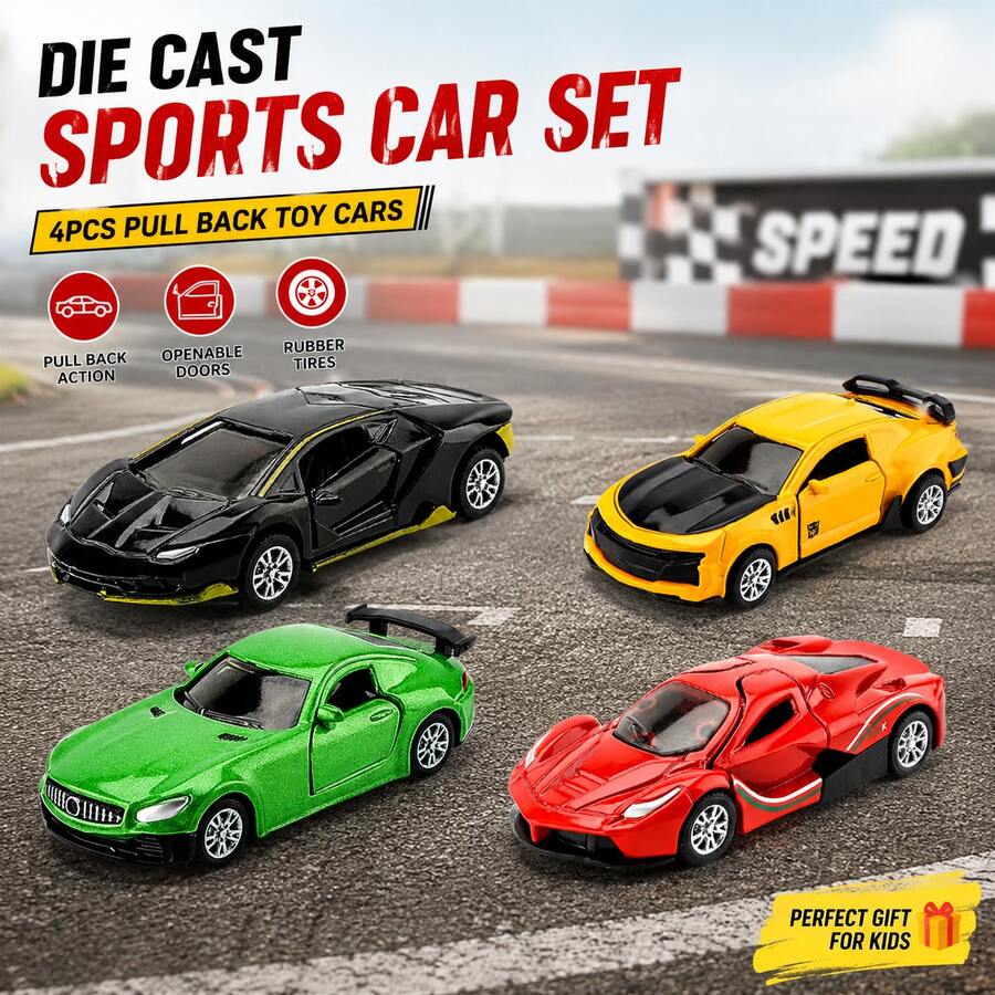 4pcs Alloy Car Model Toys, Realistic Sports Car Set With Openable Doors, Suitable For 3-6 Years Old Boys And Girls Gift - Multicolor - View 1