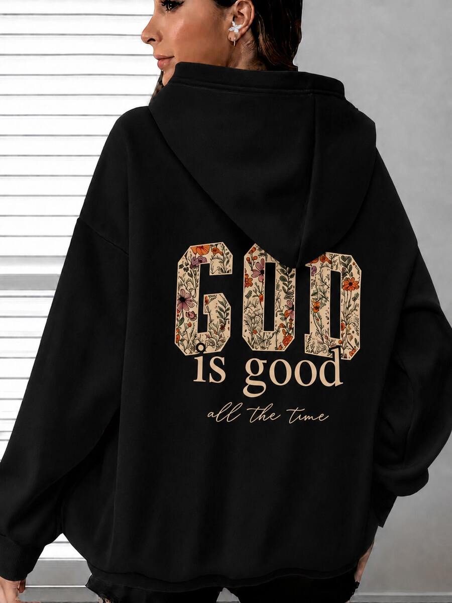 God Letter Print Pattern Sweatshirt, Plus Size Women's Casual Autumn/Winter Long Sleeve Pocket Hooded Sweatshirt Black - Black - View 1