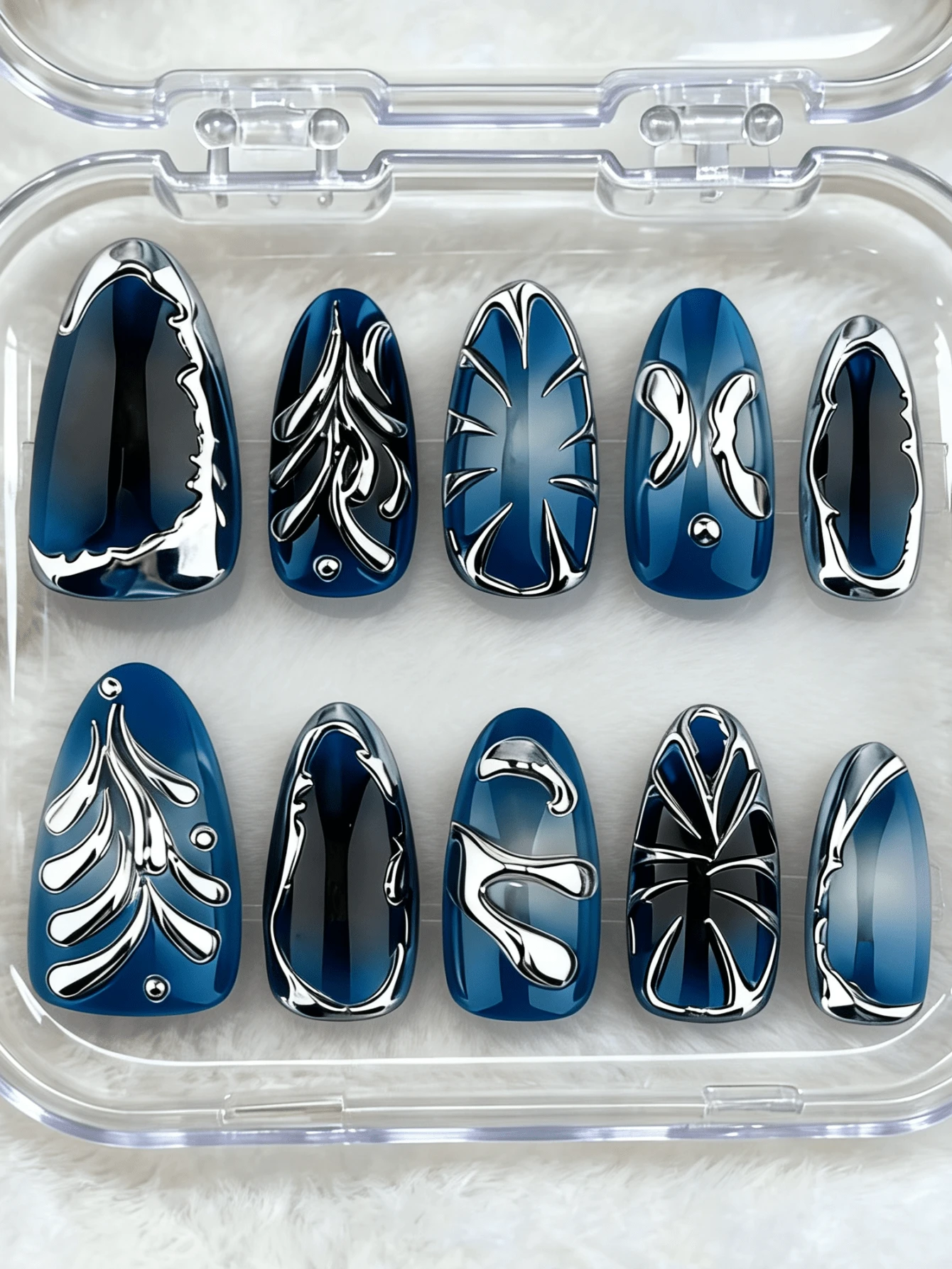10片裝 3D 銀金雕花波浪星芒穿戴甲片,杏仁形,Y2K 風格夏季美甲用品 - 寶藍色 - 查看 1