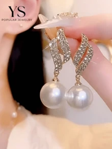 1pair Elegant Dangle Earrings With Gold Plating, Shiny Rhinestones And Milk White Faux Pearls, Applicable For Wedding & Engagement, Daily Wear - Gold - View 2
