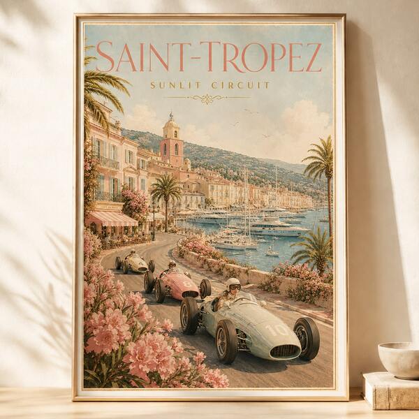 1pc Vintage Saint Tropez Sunlit Circuit Poster, Retro French Riviera Racing Car Coastal Landscape Wall Art Print, Unframed Matte Paper Poster For Bedroom Living Room Decor