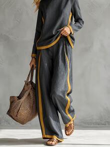 Fashionable Women's Casual Long Sleeve Top And Wide Leg Pants Set, Contrast Trim Design, Effortlessly Create Autumn Fashion Look Elegant - Dark Grey - View 3