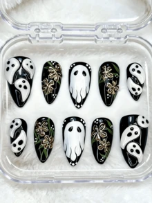 10片裝 3D 浮雕鍍金花朵與幽靈萬聖節假指甲，杏仁形 Y2K 美甲用品 - 黑與白 - 查看 7