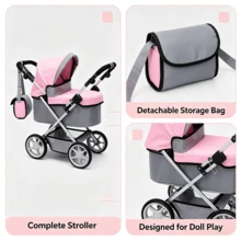 Adjustable Height Baby Stroller In Grey/Pink For Dolls, Suitable Reborn Baby Dolls Height 20 Inches And Below, Baby Doll Pram With A Built-In Shopping Basket, With Shoulder Bag, Gift For Kids 3+ - Multicolor - View 5