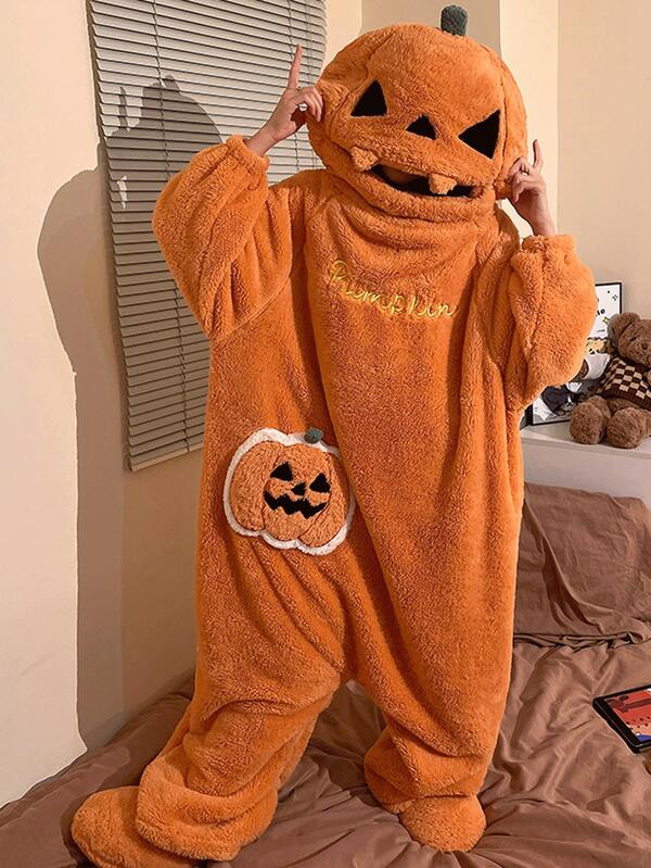 1pc Funny Bathrobe, Plush Jacquard Pumpkin Hooded Cardigan Robe, Hooded Bathrobe And Loungewear Set, Adult Wearable Blanket, Winter Loungewear, Suitable For Bathroom, Bedroom, Living Room, Poolside, Spa Or Hotel. Christmas Gift, Halloween Gift, Halloween Costume