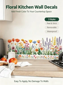 Watercolor Wildflower Baseboard Wall Stickers, PVC Waterproof Removable Self-Adhesive Paper, Tulip And Lavender Floral Long Strip Stickers, Countryside Ins-Style Kitchen And Bathroom Corner Cover-Up, Spring Rental Home And Airbnb DIY Soft Decoration - Wall Stickers - View 1