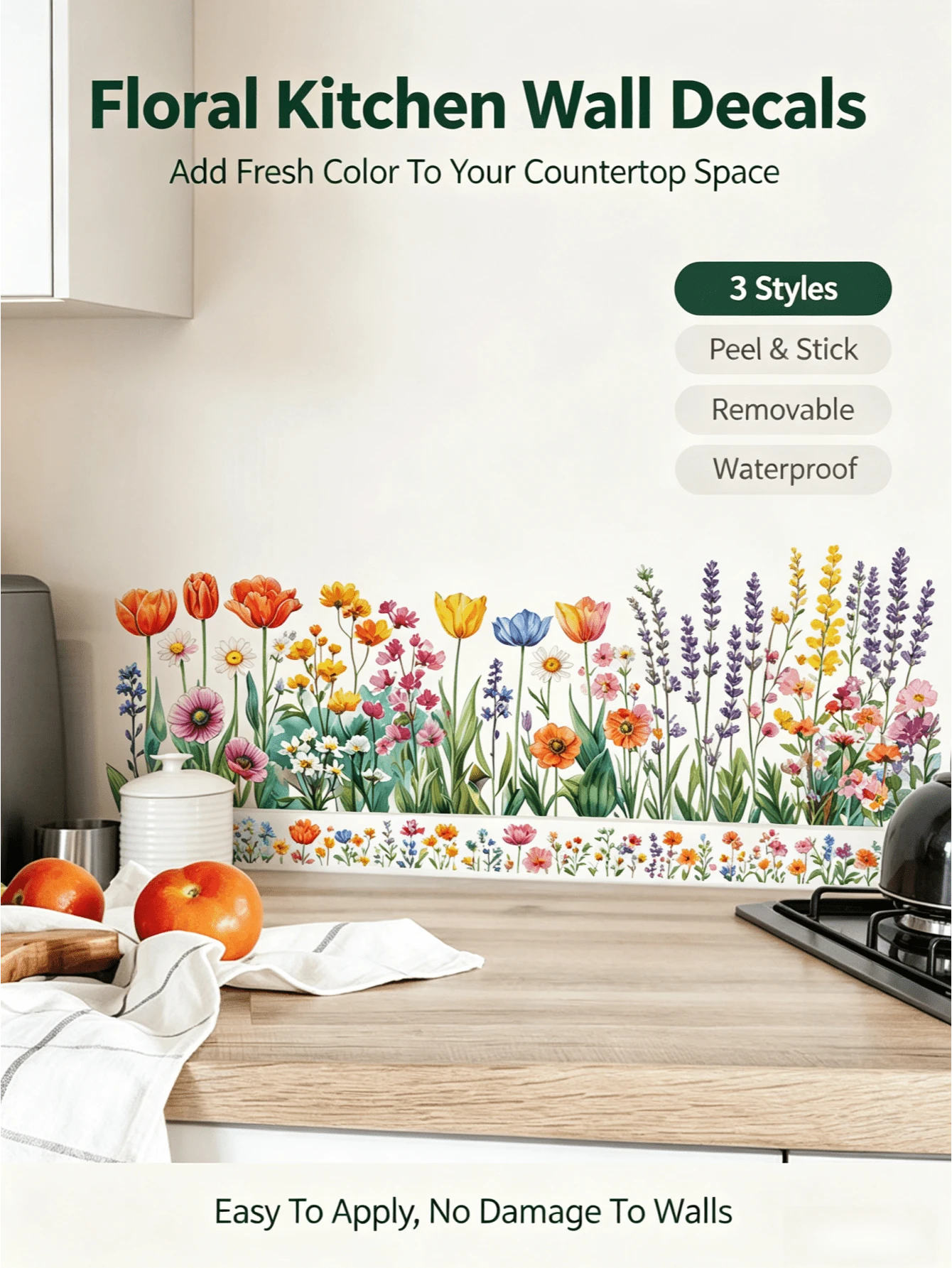 Watercolor Wildflower Baseboard Wall Stickers, PVC Waterproof Removable Self-Adhesive Paper, Tulip And Lavender Floral Long Strip Stickers, Countryside Ins-Style Kitchen And Bathroom Corner Cover-Up, Spring Rental Home And Airbnb DIY Soft Decoration - Wall Stickers - View 1