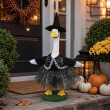 1 Stück Halloween Hexen Veranda Gans Outfit, schwarzer Hut & Spinnennetz Spitze Tüll Kleid, saisonale Kostüm Dekoration für Veranda Gans Statue, Outdoor Garten Party Dekoration, Gans nicht enthalten - Spitzen-Gans-Kostüm im Spinnennetz-Design - Übersicht 9