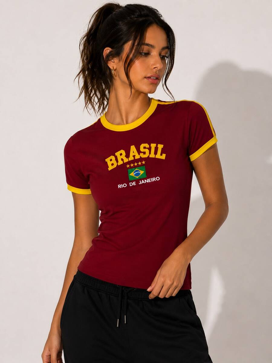 Brazil Embroidered T-Shirt – Women's - 紅色 - 查看 1