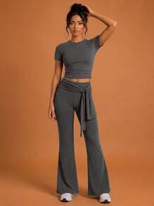 Never me Women's 2pcs Short Sleeve T-Shirt And Sports Long Pants Set, Round Neck Top And High Waist Drawstring Flare Pants - Grey - View 6