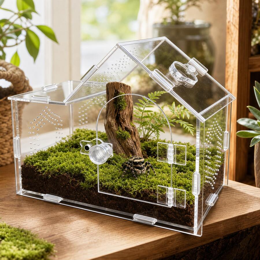 Transparentes Acryl Insekten Terrarium Haus, Spinnen Habitat mit magnetischer Frontöffnung, Belüftungslöchern und oberem Futterport für Springspinne, Vogelspinne, Mantis, Skorpion, Schnecke und Baby G - Transparent - Übersicht 1