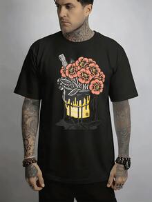 Flower Paint Bucket Print Herren T Shirt Streetwear Baumwolle Loose Fit Kurzarm Freizeit Sport Casual Sommer Schulstart - Schwarz - Übersicht 2