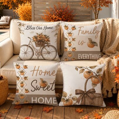 Vintage Autumn Fruit Persimmon Basket Cushion Cover 4-Piece Set, Single-Sided Printed Peach Skin Velvet Polyester Material, 45*45CM Throw Pillow Covers For Modern Fabric Sofa Indoor Decoration, Party Decor, Gift Giving
