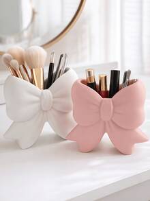 Pink Bow Makeup Brush Holder, Cute Desktop Decor, Suitable For Vanity, Dressing Table, Bathroom Countertop, Perfect Gift For Women, Girls, Makeup Enthusiasts, Aesthetic Storage For Brushes, Pencils, Cosmetics, Japanese Cute Style, Modern Home Decor - Multicolor - View 6