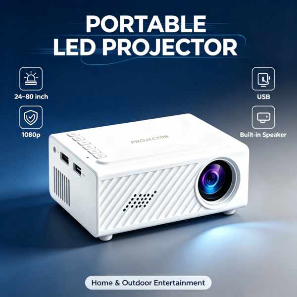 휴대용 초경량 LED 프로젝터, 24~80인치 투사 화면 지원, 내장 스피커, 일상적인 가정용 및 야외 엔터테인먼트에 적합