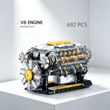 V8 Engine Building Block Set, V8 Mechanical Model Assembly Toy, Black & Silver Tech Style Car Engine Structure Design, With Transparent Cylinder, Piston And Exhaust Details, DIY Engineering Model, Desktop Decoration, Collectible Display Gift - Multicolor - View 1