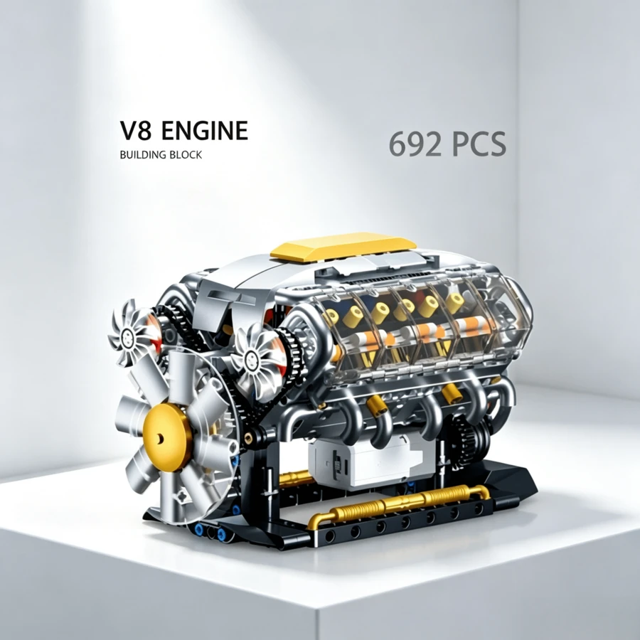 V8 Engine Building Block Set, V8 Mechanical Model Assembly Toy, Black & Silver Tech Style Car Engine Structure Design, With Transparent Cylinder, Piston And Exhaust Details, DIY Engineering Model, Desktop Decoration, Collectible Display Gift - Multicolor - View 1